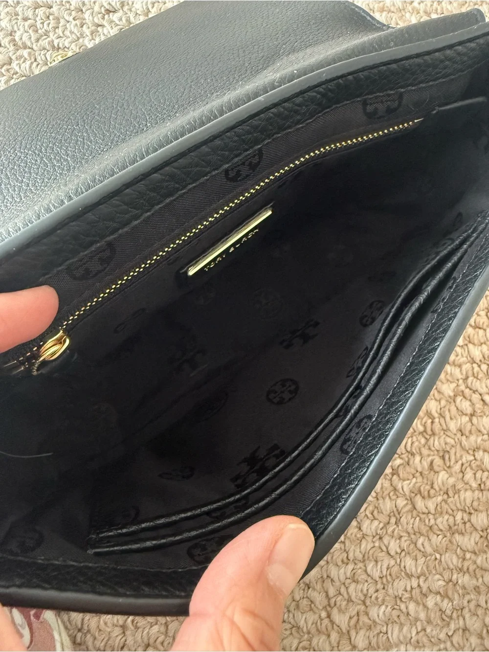 Tory Burch Black Leather Crossbody with Gold Chain Strap